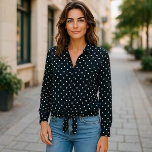 Women’s Black & White Polka Dot Sheer Blouse – Size Medium Lace Back, Tie-Front